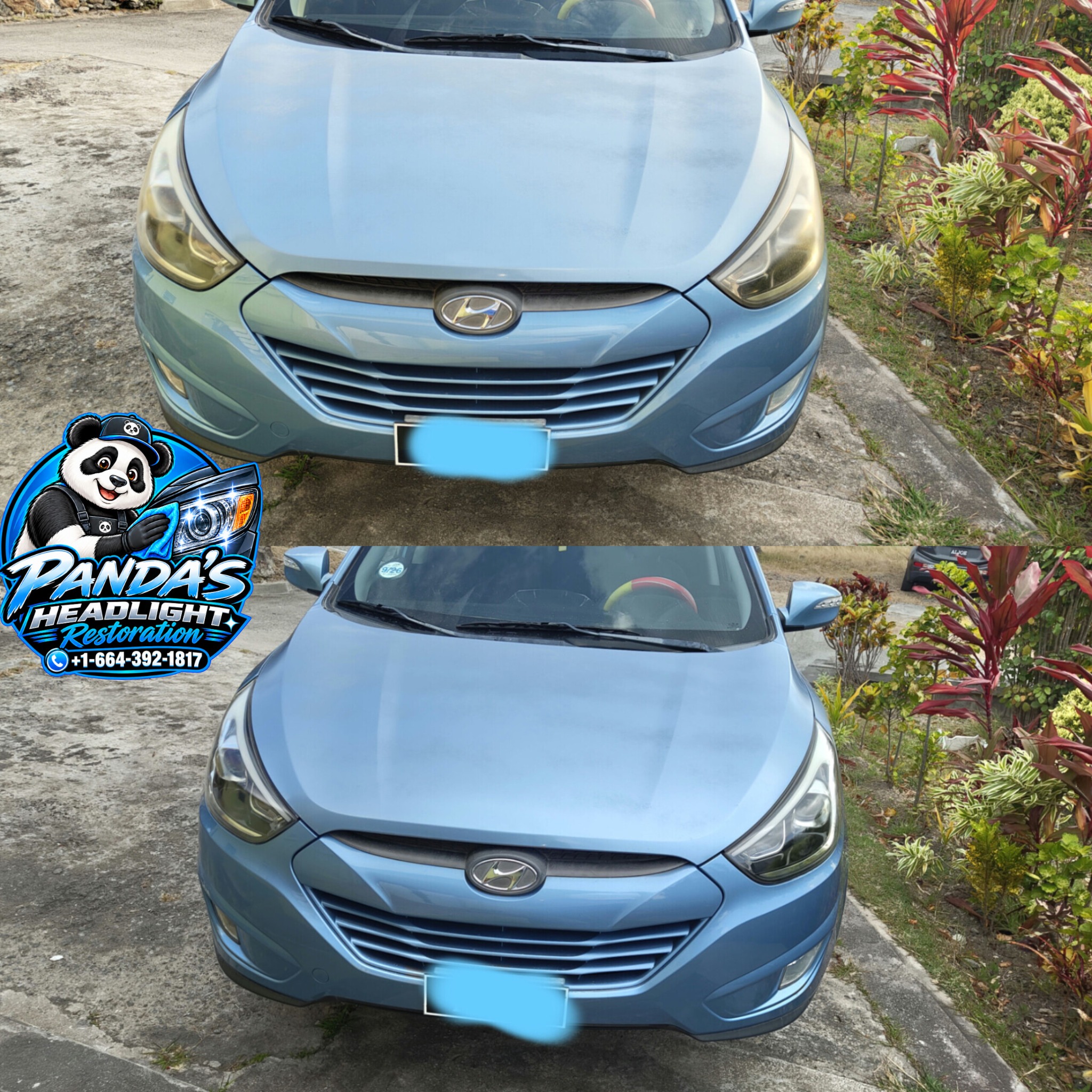 Before and after headlight restoration on a blue Hyundai
