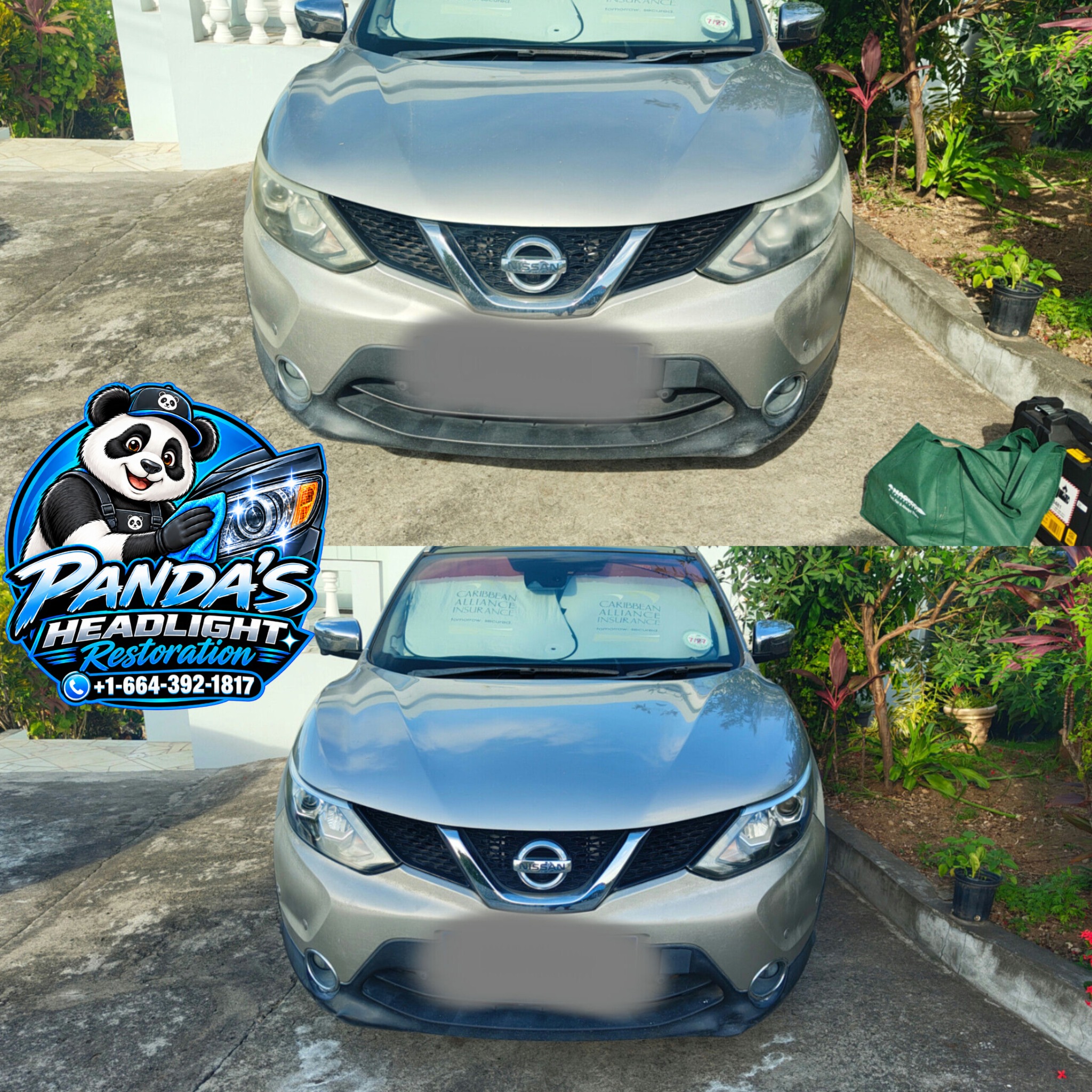 Before and after headlight restoration on a silver Nissan