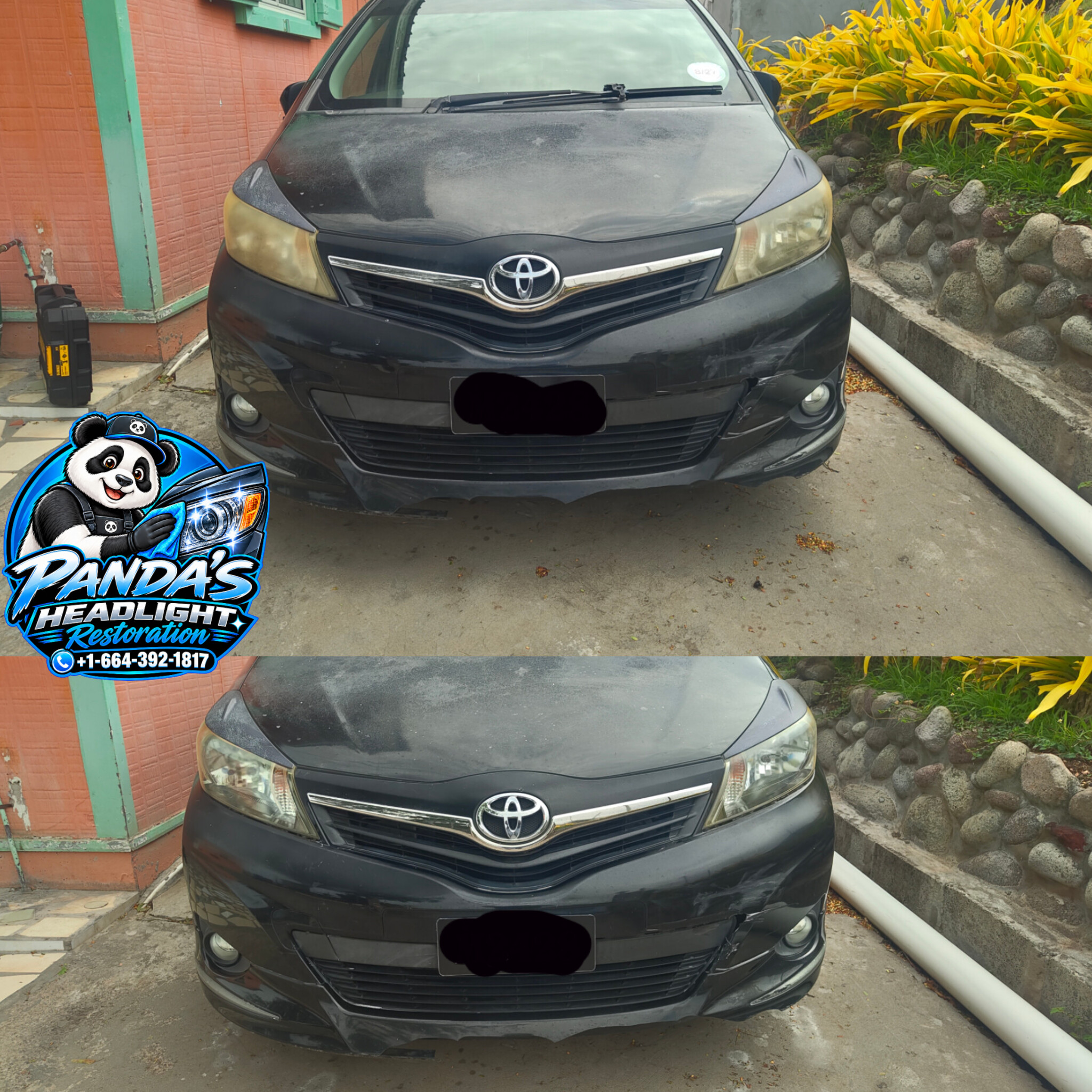 Before and after headlight restoration on a black Toyota