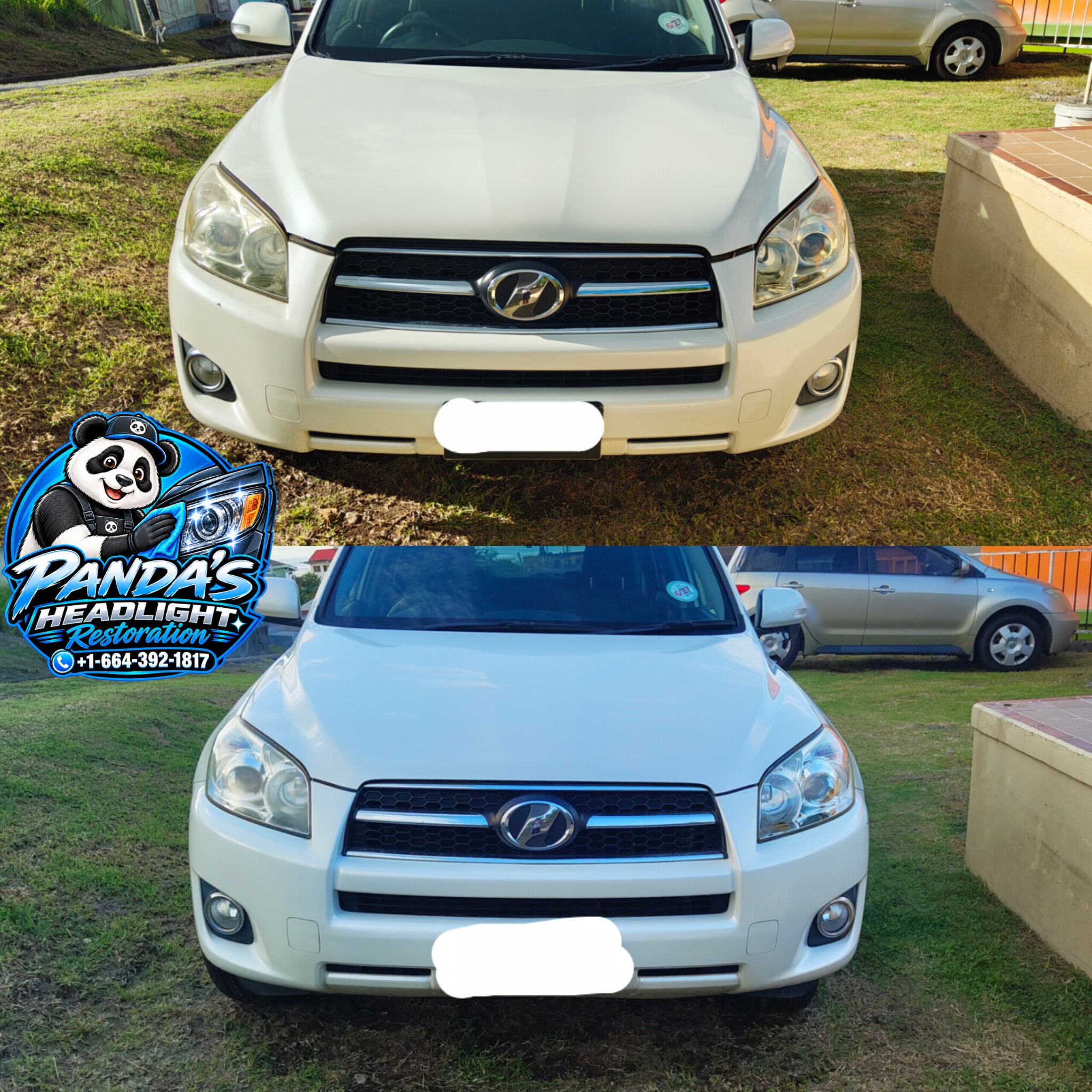 Before and after headlight restoration on a white SUV